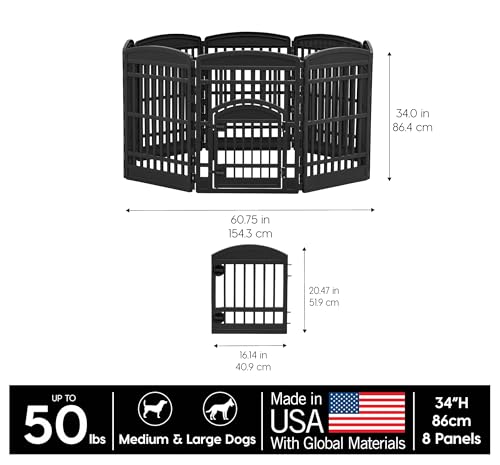 IRIS USA 8-Panel Dog Playpen, Pet Enclosure, Black | Pet Containment, Multi-Shape Setup, Flexible Boundary, Custom Pen Configuration, Tool-Free Assembly, Secure Door Latch - color: Black, size: 8 Panel - 34" H
