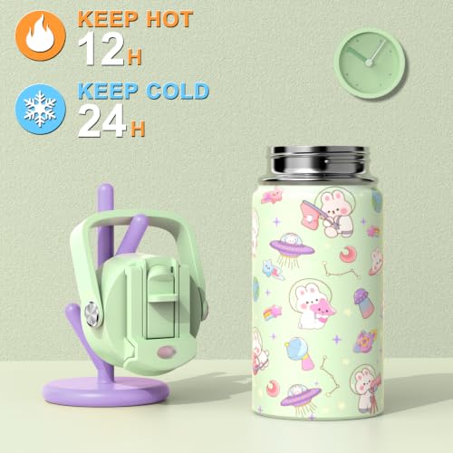 FIXITOK Girls Backpack with 14oz Insulated Water Bottle Set, Kawaii Bunny School Backpack for Girls with Kids Water Bottle Lunch Bag Pencil Case for Kindergarten Elementary Preschool School - color: W-green