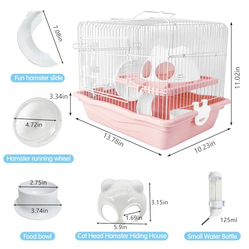 PINVNBY Dwarf Hamster Cage, Small Animal Cages, 2-Tier Travel Portable Mouse Cage Hamster Carrier with Castle House Running Exercise Wheels, Water Bottle and Food Dish（Pink） - color: Pink, size: L: 13.78x10.23x11.02in