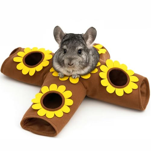 Guinea Pig Hideout and Toys, 4-Way Collapsible Small Pet Tunnels and Tubes with Sunflower Peepholes for Bunny Rabbit Ferret Hamster Chinchilla Hedgehog Hiding and Resting, 26.4in Long，Brown