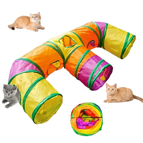3 Way Collapsible Cat Tunnels with Interactive Ball, E Shape Folded Pet Tube Toy for Indoor Cats, Puppy, Kitty, Kitten, Rabbit - size: E Shape