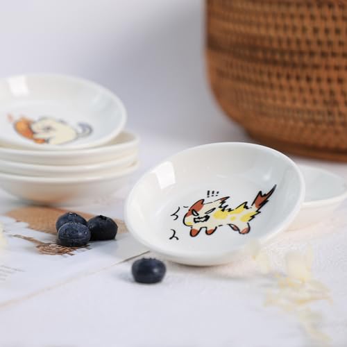 Super Cute Cartoon Animal Ceramic Sauce Dishes, Seasoning Dishes, Little Cat Dog Bird Feeding Bowls, Sushi Soy Dipping Bowls, Appetizer Plates, Dessert Plates, Set of 6-Cats-3.5 Inch