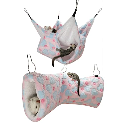 LEFTSTARER Guinea Pig Ferret Rat Hammock Toy Set - Small Animal Cage Accessories Hideout Tunnel & Bunkbed for Rat Ferret Guinea Pig Hamster Sugar Glider Chinchilla (Heart-Pink) - color: Hammock set Heart-Pink