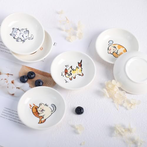 Super Cute Cartoon Animal Ceramic Sauce Dishes, Seasoning Dishes, Little Cat Dog Bird Feeding Bowls, Sushi Soy Dipping Bowls, Appetizer Plates, Dessert Plates, Set of 6-Cats-3.5 Inch