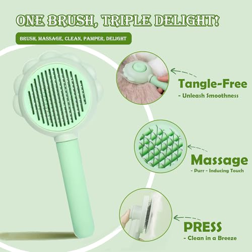 Self Cleaning Cat Brush for Shedding, LED Light Nail Clipper and Nail File | Slicker Brushes and Nail Trimmer for Long Haired Cats, Grooming Kit, Cat Lover Gifts - color: Green