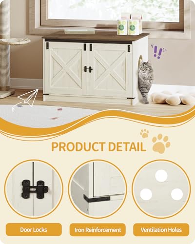Hzuaneri Cat Litter Box Enclosure, Hidden Litter Box Furniture with Divider | Wooden Cat Cabinet with Removable Dividers, Reversible Entrance Left or Right Side, Cat Washroom, Rustic White Brown CB84614X - color: Rustic White and Brown, size: 31.5"L x 21.