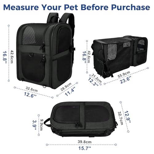 Apollo Walker Cat Carrier Backpack for Small Dogs and Cats Up to 18 lb | Expandable space, Four-Sided Breathable Mesh, Stability Package, Removable Pad,3D back panel,Thickened shoulder straps - color: Black-expandable