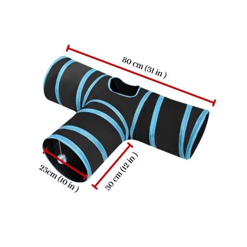 SunGrow 3-Way Ferret & Rabbit Tunnel, Bunny Hideout Activity Tube with Peep Hole and Crinkle Ball, Accessories for Hiding, Resting for Dwarf Rabbits Bunny Kitty Guinea Pig, Turquoise and Black
