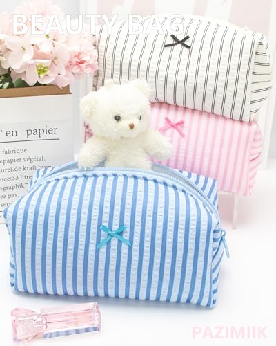 PAZIMIIK Cozy Makeup Bag for Women,Zipper Cosmetic Pouch,Stripe Lake Blue | Soft Cosmetic Organizer for Makeup,Skincare,Toiletries,Daily Beauty Essentials,Purse,On-the-Go,Bridesmaid Gifts - color: Stripe Lake Blue
