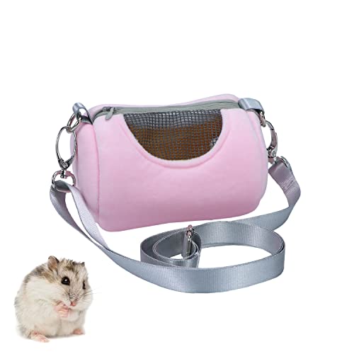 Litewoo Hamster Travel Carrier Portable Bag with Adjustable Strap, Pink, M | Warm velvet fabric, side mesh design, foldable storage, pouch for small animal/sugar glider/rat/squirrel - color: Pink, size: Small