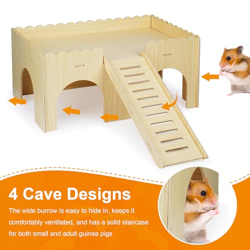 Large Wooden Guinea Pig Hideout with Ramp & 4 Cave Entrances for Small Pets | Easy Assembly, Easy-Clean Surface, Spacious Design, Anti-Slip Ramp, Quality Wood