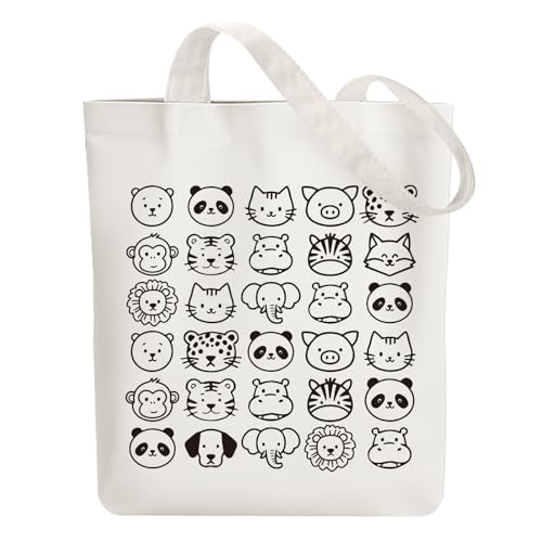 ANATTASOUL Canvas Tote Bag Reusable Cotton Bag for Women, Large 14.96"x 15.74" Cloth Shoulder Bags with Zipper Pockets - style: Animal Portraits