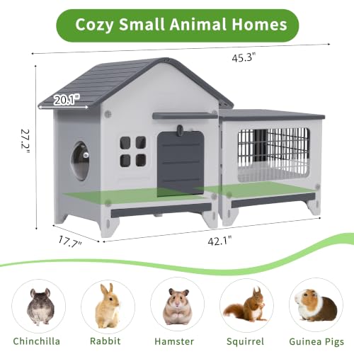 Plastic Rabbit Cage Outdoor Indoor, Bunny Cage Guinea Pig Cages with Run | Waterproof Rabbit Hutch Leak-Proof Pull-Out Tray&Chew-Proof, Easy-Clean & Ideal for Small Animal Cage Enclosure - size: 45.3"L x 20.1"W x 27.2"H