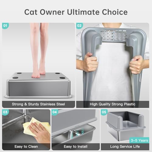 WoofiGo Enclosed Stainless Steel Cat Litter Box with Lid, XL Extra Large Litter Box for Big Cats, Metal Litter Pan High Sided, Never Absorbs Odors, Anti-Urine Leakage, Include Scoop (SH-Light Gray) - color: SH-Light Gray