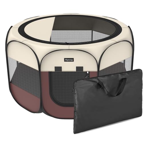 Portable Pet Playpen Puppy Pen Dog Tent Cat Playpen | 8-Panel Indoor/Outdoor Puppy Pen with Shade Cover & Travel Bag - Waterproof Dog Cat Tent - color: Brown, style: Small (29"x29"x17" with free bonus)