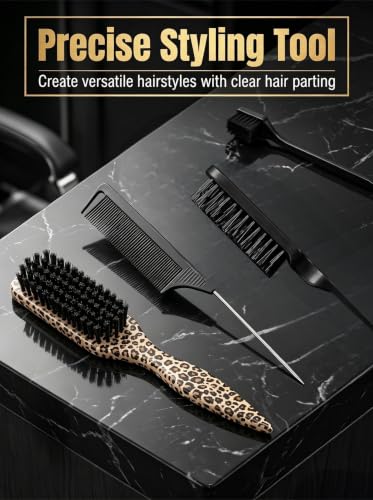 4 Pcs Hair Styling Tool Set, Detangling Brush & Rat Tail Comb, Edge Control Brush Kit, Yellow Leopard Print Hair Accessories for Flyaway Smoothing