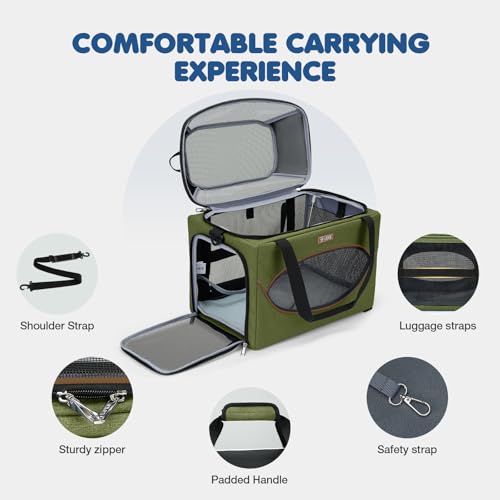 Lekereise Top-Expandable Pet Carrier 18x11x11Inch Delta American United Airline Approved Underseat to 15lbs Stable Car Travel Carriers for Small Dogs Cats with Locking Safety Zippers Anti-Scratch Mesh - color: Dark Green, size: 18"x11"x11"