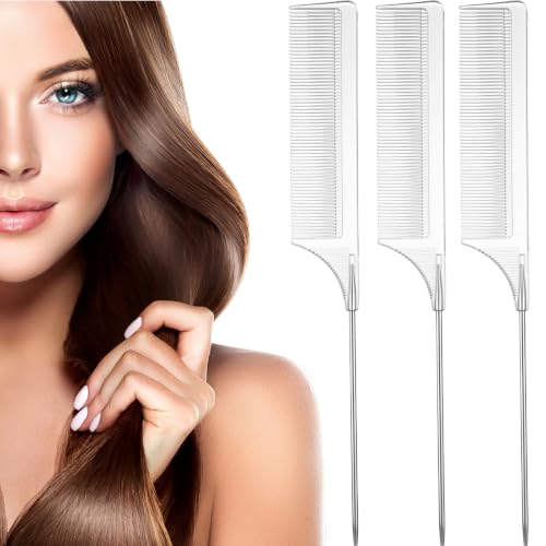 Leinuosen 3 Pack Rat Tail Comb Carbon Fiber,Clear | Steel Pin Tail for Sectioning, Heat Resistant Teasing, Pick Comb for Women Wig Styling, Fishtail Design for Salon Updos - color: Clear