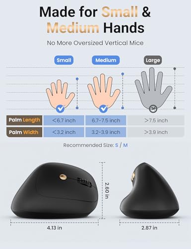 Ergonomic Vertical Wireless Mouse, 57°, Small/Medium Hands, Black | Rechargeable, Quiet Click, 800/1200/1600 DPI, 2.4GHz USB Receiver, Forward/Back Buttons, Computer Mouse for Laptop PC Mac - color: Black