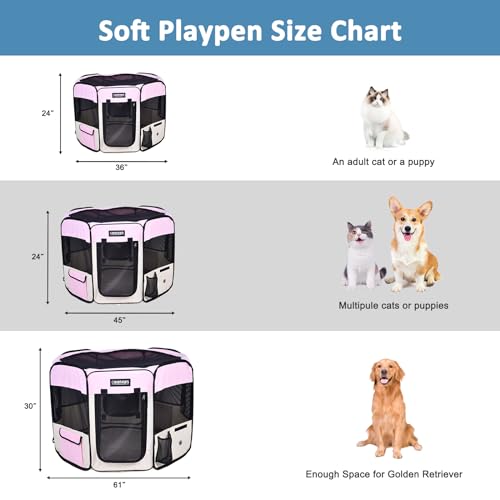 Jespet Soft Dog Playpen, Portable Pet Exercise Pen Kennel with Carry Bag | 2-Door, Easy to Fold, Ground Stakes, Zipper Locks, Large Storage Pocket, Washable Top Mesh Cover & Bottom Cover - color: Pink, style: 36x36x24 Inch (Pack of 1)