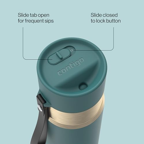 Contigo AutoSeal 16 oz Stainless Steel Vacuum-Insulated Water Bottle with Leakproof Push-Button Spout & Lock, Carry Strap, BPA-Free & Lead-Free, Dishwasher Safe - color: Mineral Teal Champagne, size: 16 Ounces