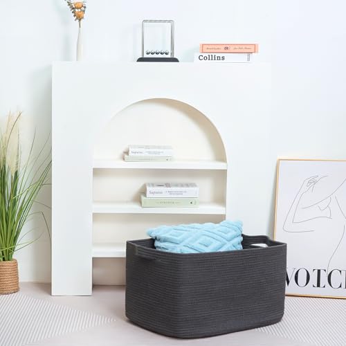 22in Extra Large Blanket Basket Holder Living Room, Rectangle Rope Woven Storage Basket with Handles for Laundry, Pool Towels, and Shoes, Dog Toy Organizer Bin Box, Charcoal - color: Charcoal Gray