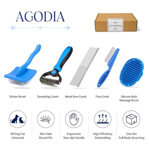 5 in 1 Pet Grooming Kit 5PCS,Large Dog Brush for Goldendoodles Poodles Doodles,Dematting Comb, Metal Comb, Flea Comb, Silicone Bath Brush Pin Haired Brush,Poodle Brushes and Comb（blue）