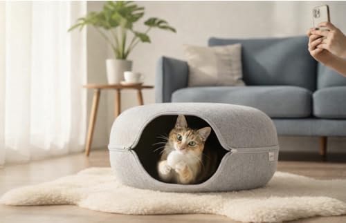 Cat Tunnel Bed - Comfort Bedz Large Donut Cave for Cats, Felt Enclosed Hideaway with Zipper, Top Perch, Interactive Toy, Washable Indoor Cat House