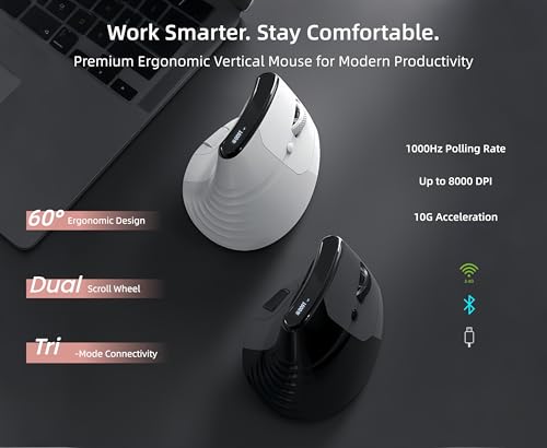 Ergonomic Vertical Mouse, Dual Scroll, Tri-Mode, OLED Display | 60° ergonomic vertical mouse with dual scroll wheels, tri-mode Bluetooth/2.4G/wired connectivity, OLED display, and 8000 DPI. - color: Black