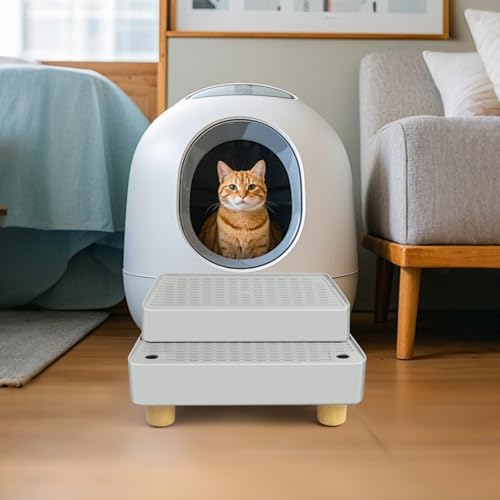 Extra Large 2 Steps Cat Litter Box Step Ramp, Cat Litter Catcher Mat with Wooden Feet, Filter Function, Cat's Pedal Stool for Self-Cleaning Litter, Suitable Kitten & Elderly Cats (Light Grey)