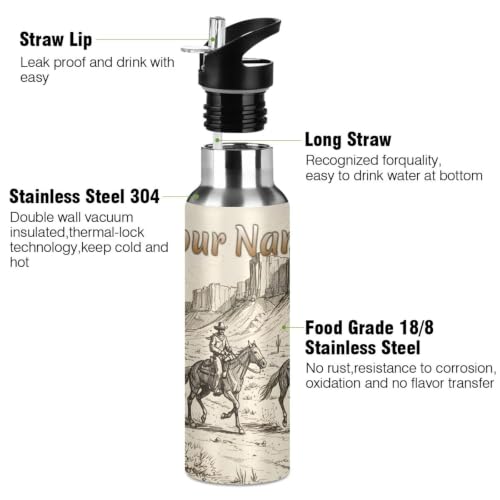 Custom Western Cowboy Cactus Water Bottle Kids Stainless Steel Bottle with Straw Lid Personalized Name Boys Girls Insulated Cup for School 20 oz - color: Multi101