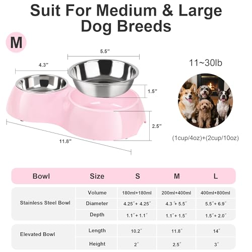 Double Dog Bowls Set – Non-Slip Pet Food & Water Dishes with Resin Stand, Includes Small (1 Cup) & Medium (2 Cups) Bowls – Ideal for Puppies and Cats– Pink - color: Pink, size: Medium