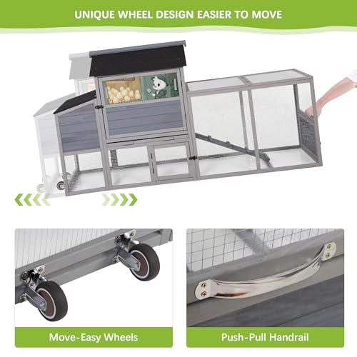 COZIWOW 82" Large Wooden Chicken Coop Mobile Rabbit Hutch with Wheel, Gray | Weatherproof asphalt roof & sunshine board, Anti-slip ramp, Pull-out tray, Hen house with 5 openable doors, Indoor Bunny Cage - color: Gray with Pattern