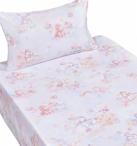 Scientific Sleep Pastel Unicorn Pony Horse Flower Fairy Tale Cute Adorable Colourful 100% Cotton Bed Sheet Set Kids Girls Junior, Flat Sheet & Fitted Sheet & Pillowcase Bedding Set (Pretty Pony, Twin) - color: Pretty Pony, size: Twin