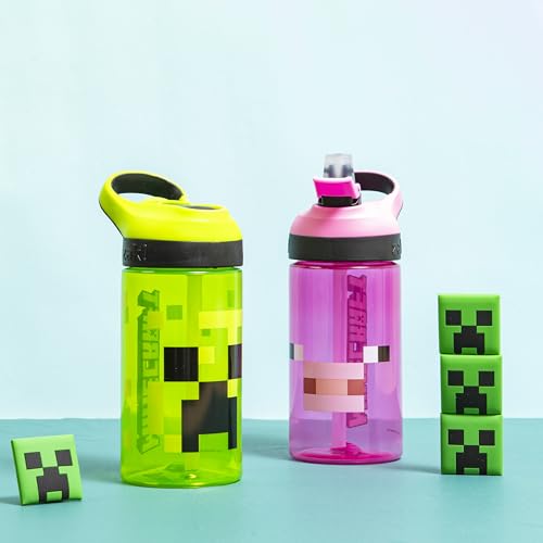 Zak Designs Minecraft Kids Water Bottle with Straw and Built in Carrying Loop Set, Made of Plastic, Leak-Proof Water Bottle Designs (Creeper/Pig, 16 oz, 2pc Set) - color: Creeper & Pig