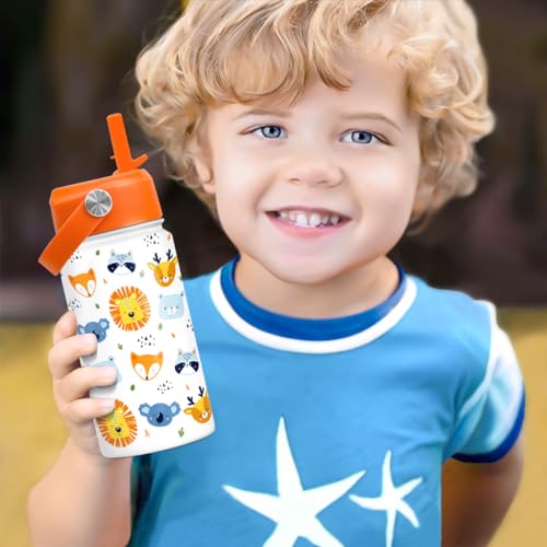 SANDJEST Kids Water Bottle with Straw Lid - 12 Oz Insulated Stainless Steel Animal Water Bottles for Kid Boys Girls - Travel Cup for School Sports - color: Animal 1