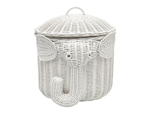 KOUBOO Rattan Elephant Storage Animal Shaped Handwoven Cloths with Lid Decorative Storage Bin Fruit Container Bedroom Shelf Organizer White