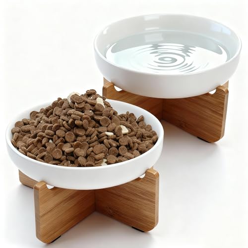 Shallow Elevated Cat Bowls with Bamboo Stand, 6.1 Inch Wide Ceramic Cat Dish Whisker Friendly, 2 Pack Pet Food and Water Plates - color: White 2 pack
