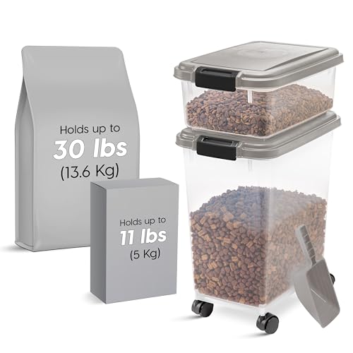 IRIS USA Airtight Dog Food Storage Container Combo, 30 lb & 11 lb Bin | Stackable food storage system includes scoop and wheels to keep kibble, treats, and pet food fresh and organized. - color: Chrome