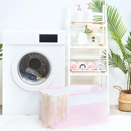 22in Extra Large Blanket Basket Holder Living Room, Rectangle Rope Woven Storage Basket with Handles for Laundry, Pool Towels, and Shoes, Dog Toy Organizer Bin Box, Light Pink - color: Light Pink