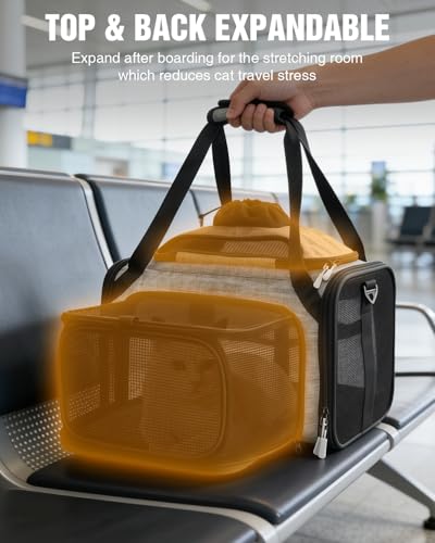 PETUX Expandable Airline-Approved Pet Carrier for Small Cats up to 10 lb | Top-Side Expandable, TSA‑Friendly, Underseat, Soft Travel Bag with Breathable Mesh and Safety Buckle, 17 x 11 x 9.5 in, Grey