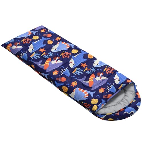 QOOMO Camping Sleeping Bags,3 Season Warm & Cool Weather,Lightweight,Waterproof Sleeping Bags for Adults & Kids,Traveling,and Outdoors,Camping Gear Equipment - color: cartoon shark