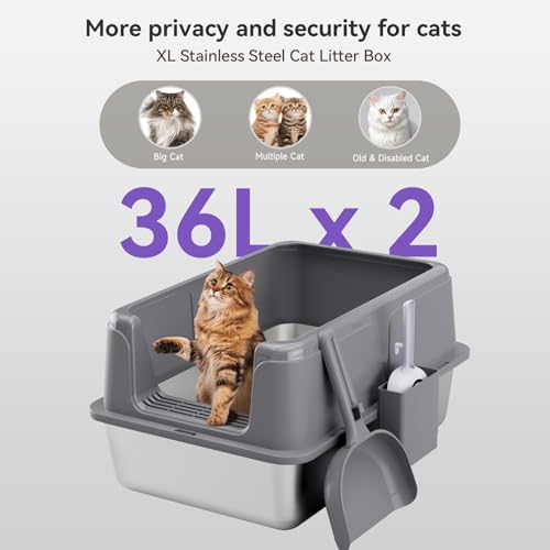 Stainless Steel Cat Litter Box, Free Metal Litter Box with High Sides Lid, Open Top Litter Pan Include Scoop - color: Warm Grey XXL
