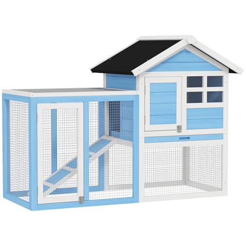 PawHut 49" Wooden Rabbit Hutch Bunny Cage with Fun Outdoor Run Light Blue | Waterproof Asphalt Roof, Removable Tray and Ramp, for Rabbits, Chickens, Ducks - color: Light Blue