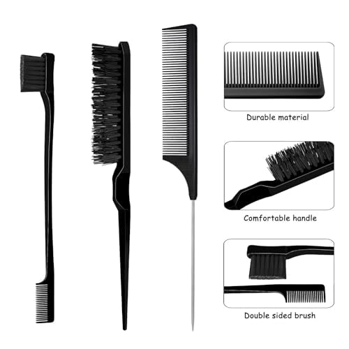 3 Pcs Slick Styling Hair Brush Set, Rat Tail Comb,Edge Bristle Brush, Teasing Brushes for Edge Back Brushing, Combing, Slicking Hair for Girls, Kids(Black）