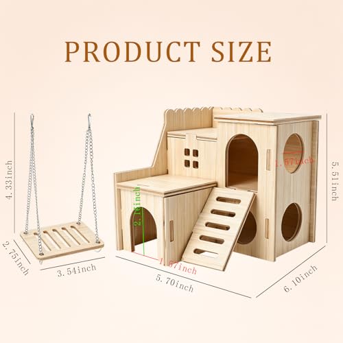 Hamster Wooden Maze House with Slide, Double-Decker Hut and Small Swing, Hideout Play Toys for Dwarf Hamsters, Gerbils, Mice and Other Small Animals (Only for Small Hamsters)