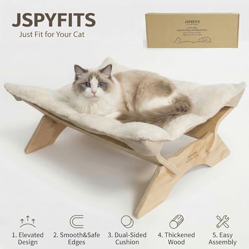 JSPYFITS Elevated Cat Bed Hammock, Raised Cat Bed with Dual-Sided Plush & Linen Cushion, Machine Washable & Breathable Cover Tool Free Easy Assembly, up to 66Lbs (White) - color: Pristine White