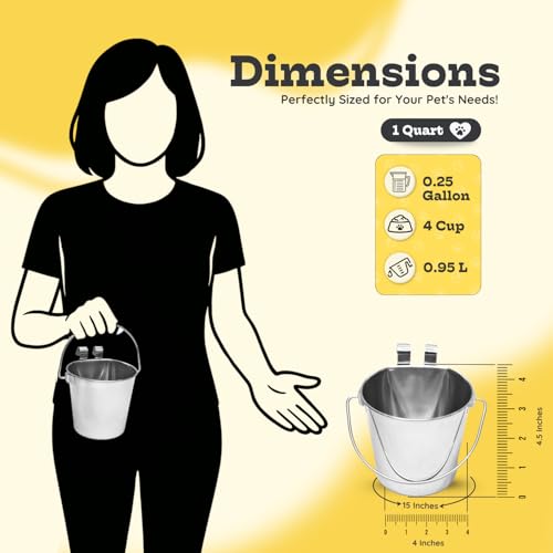 1 Quart Stainless Steel Flat Sided Bucket with Dual Hooks | 4 Pcs Durable Food & Water Bowl for Dog Cat Bird & Small Animals | Fits kennel Cage Crates Farm Hanging Pet Pail | Multipurpose - size: 1 Quart (Pack of 4)