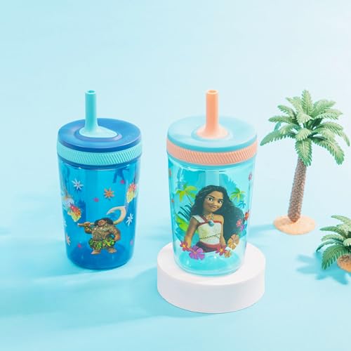 Zak Designs Disney Moana 2 Kelso Toddler Cups For Travel or At Home, 15oz 2-Pack Durable Plastic Sippy Cups With Leak-Proof Design is Perfect For Kids (Moana, Maui, Simea) | BPA Free, Plastic, Sippy Cups, Cup Holder Friendly, Dishwasher Safe, Easy to Clea
