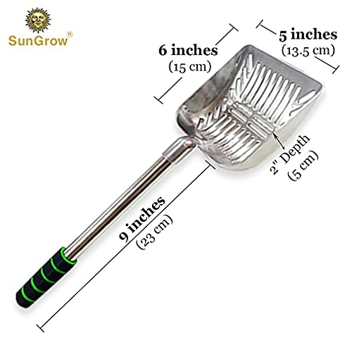 SunGrow Cat Litter Scoop, Stainless Steel Long Handle Chicken Coop Poop Scooper, Comfortable 9” Handle, 5” Wide Mouth, Narrow Slits and High Sides Metal Sifter, for Litter Boxes or Gardening